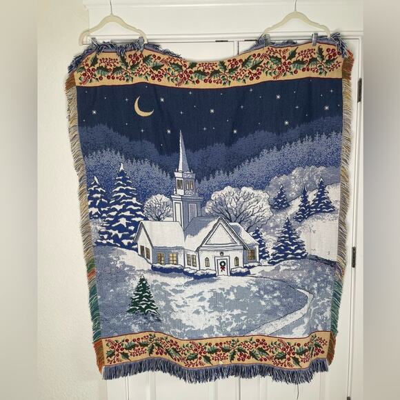 Tapestry Throw Blanket – Mohawk Home, Blue & White, 58x47 Winter Christmas Night - Picture 1 of 4